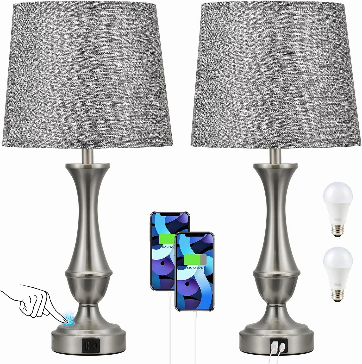 Upgraded Touch Lamps for Night Stands Set of 2 - Bedside Lamps with USB C A, 3 Way Dimmable for Bedroom Living Room End Tables Office (Grey&Nickel)
