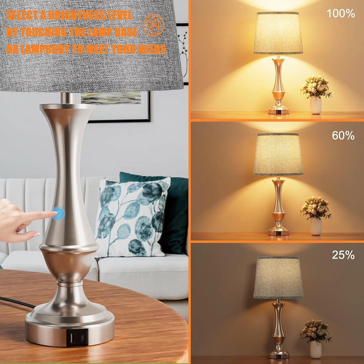 Upgraded Touch Lamps for Night Stands Set of 2 - Bedside Lamps with USB C A, 3 Way Dimmable for Bedroom Living Room End Tables Office (Grey&Nickel)