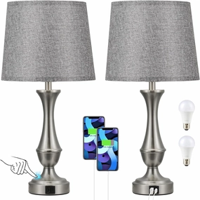 Upgraded Touch Lamps for Night Stands Set of 2 - Bedside Lamps with USB C A, 3 Way Dimmable for Bedroom Living Room End Tables Office (Grey&Nickel)