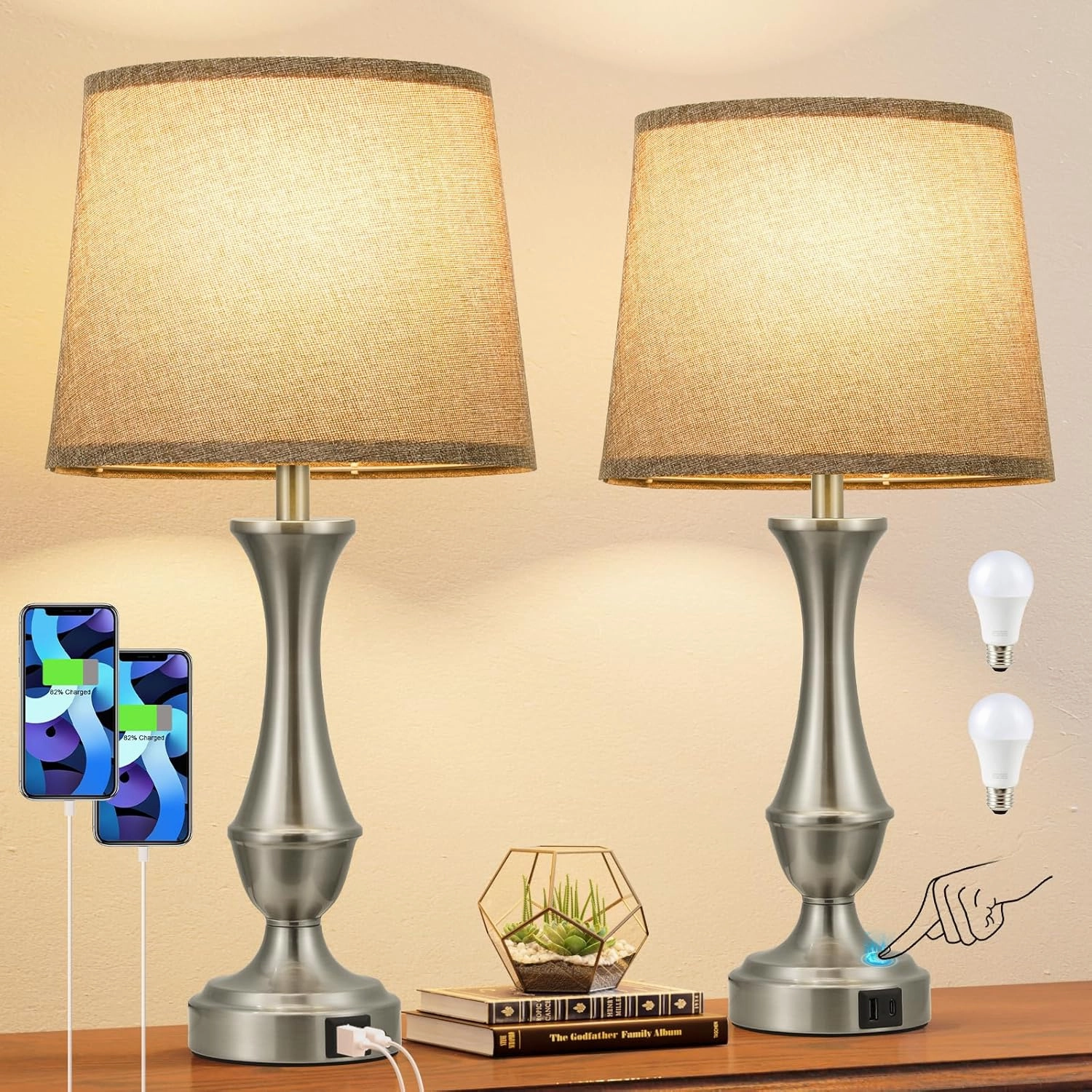Upgraded Touch Lamps for Night Stands Set of 2 - Bedside Lamps with USB C A, 3 Way Dimmable for Bedroom Living Room End Tables Office (Grey&Nickel)