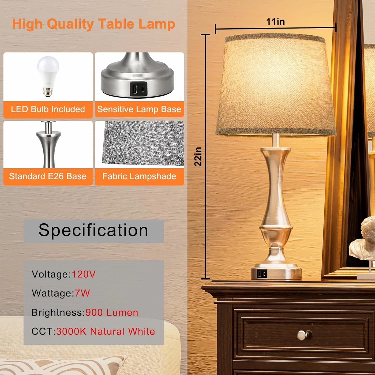 Upgraded Touch Lamps for Night Stands Set of 2 - Bedside Lamps with USB C A, 3 Way Dimmable for Bedroom Living Room End Tables Office (Grey&Nickel)