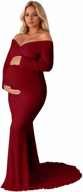 UZN Long Sleeve Maternity Dress for Photo Shoot V Neck Sweep Train Mermaid Baby Shower Dress for Photography
