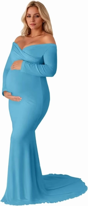 UZN Long Sleeve Maternity Dress for Photo Shoot V Neck Sweep Train Mermaid Baby Shower Dress for Photography
