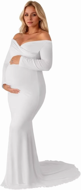 UZN Long Sleeve Maternity Dress for Photo Shoot V Neck Sweep Train Mermaid Baby Shower Dress for Photography