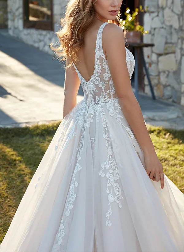 V Neck Sweep Train Tulle Wedding Dress With Lace