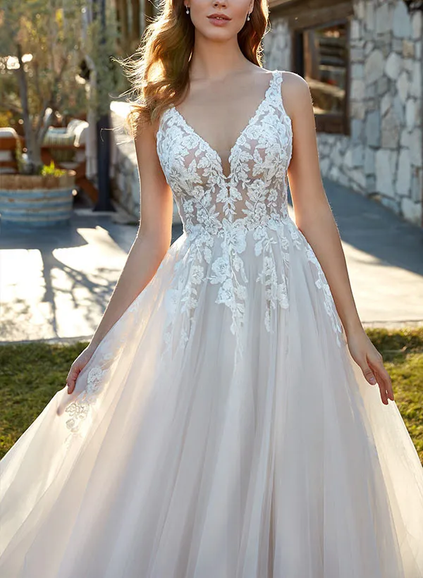 V Neck Sweep Train Tulle Wedding Dress With Lace