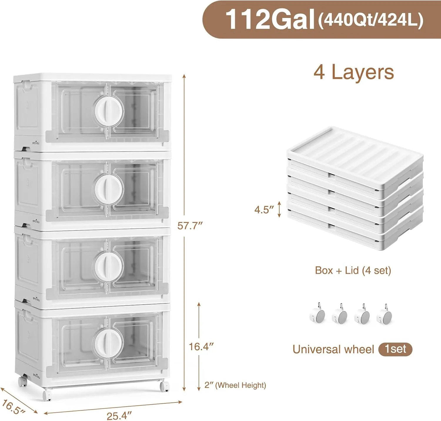 V9 112Gal Storage Bins with Lids, Stackable Collapsible Storage Bins with Wheels, Closet Organizers and Storage, Folding Plastic Cabinet with Doors for Home Office Garage, 4Pack Pure White