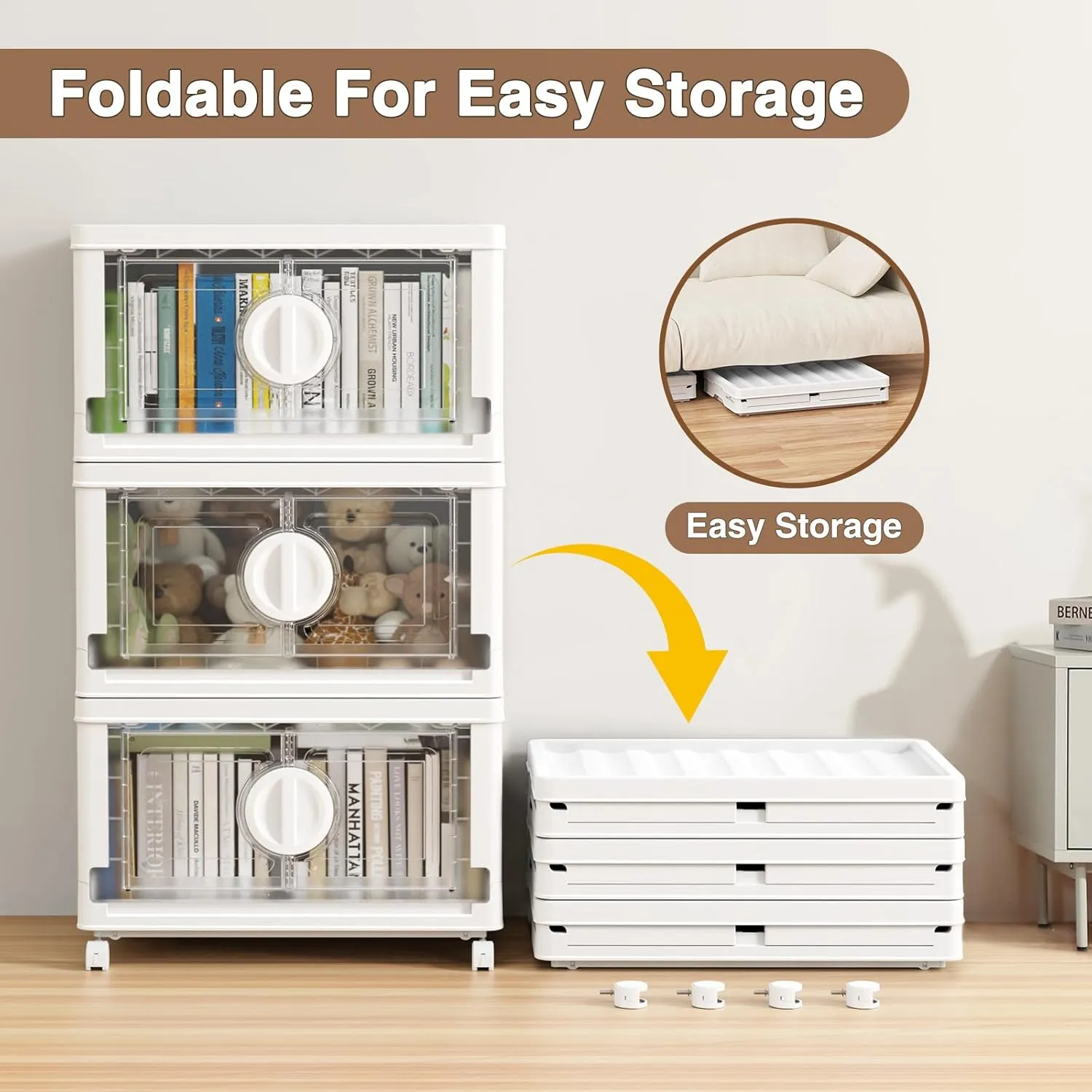 V9 112Gal Storage Bins with Lids, Stackable Collapsible Storage Bins with Wheels, Closet Organizers and Storage, Folding Plastic Cabinet with Doors for Home Office Garage, 4Pack Pure White