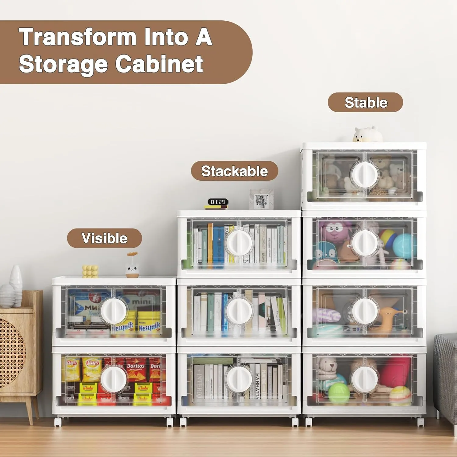 V9 112Gal Storage Bins with Lids, Stackable Collapsible Storage Bins with Wheels, Closet Organizers and Storage, Folding Plastic Cabinet with Doors for Home Office Garage, 4Pack Pure White