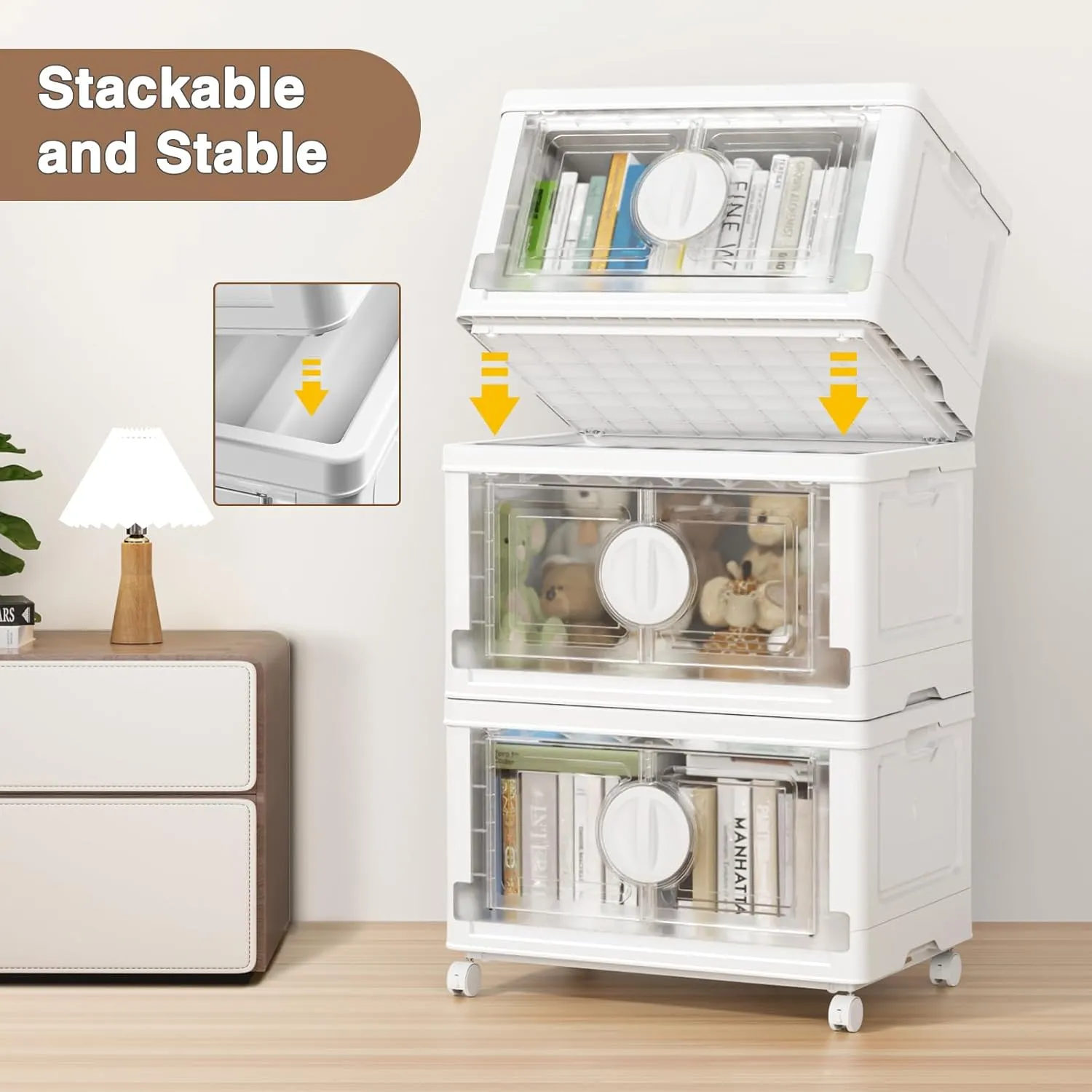 V9 112Gal Storage Bins with Lids, Stackable Collapsible Storage Bins with Wheels, Closet Organizers and Storage, Folding Plastic Cabinet with Doors for Home Office Garage, 4Pack Pure White