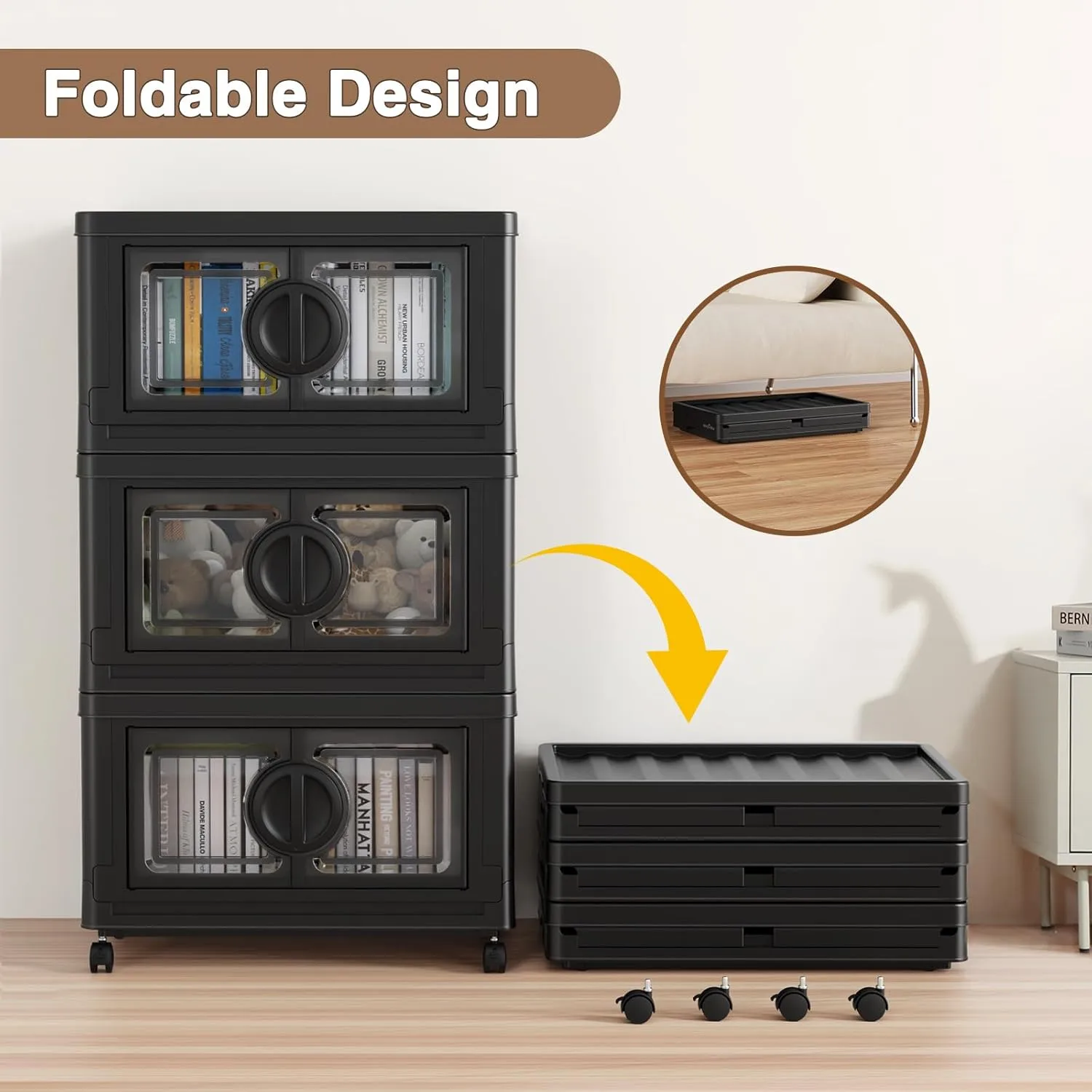 V9 28Gal Storage Bins with Lids, Stackable Collapsible Storage Bins with Wheels, Closet Organizers and Storage, Folding Plastic Cabinet with Doors for Home Office Garage, 1Pack Black