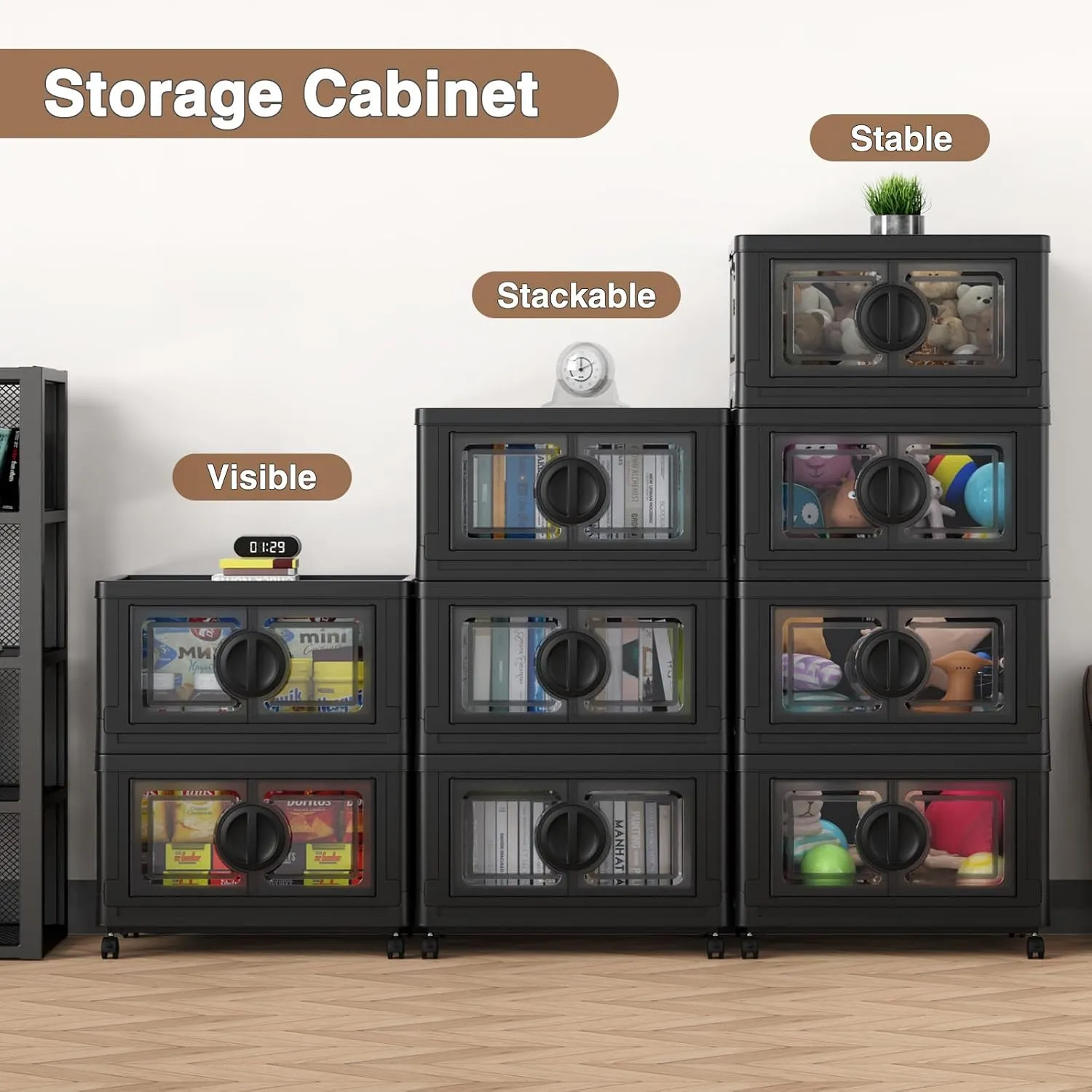 V9 28Gal Storage Bins with Lids, Stackable Collapsible Storage Bins with Wheels, Closet Organizers and Storage, Folding Plastic Cabinet with Doors for Home Office Garage, 1Pack Black