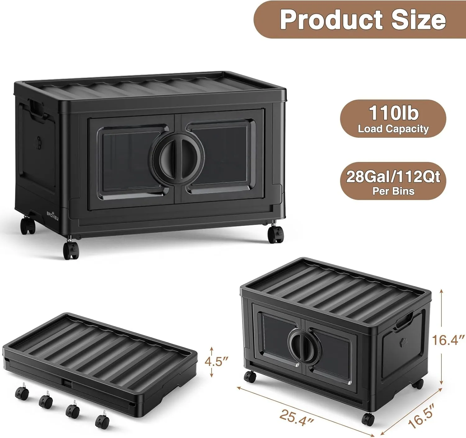 V9 28Gal Storage Bins with Lids, Stackable Collapsible Storage Bins with Wheels, Closet Organizers and Storage, Folding Plastic Cabinet with Doors for Home Office Garage, 1Pack Black