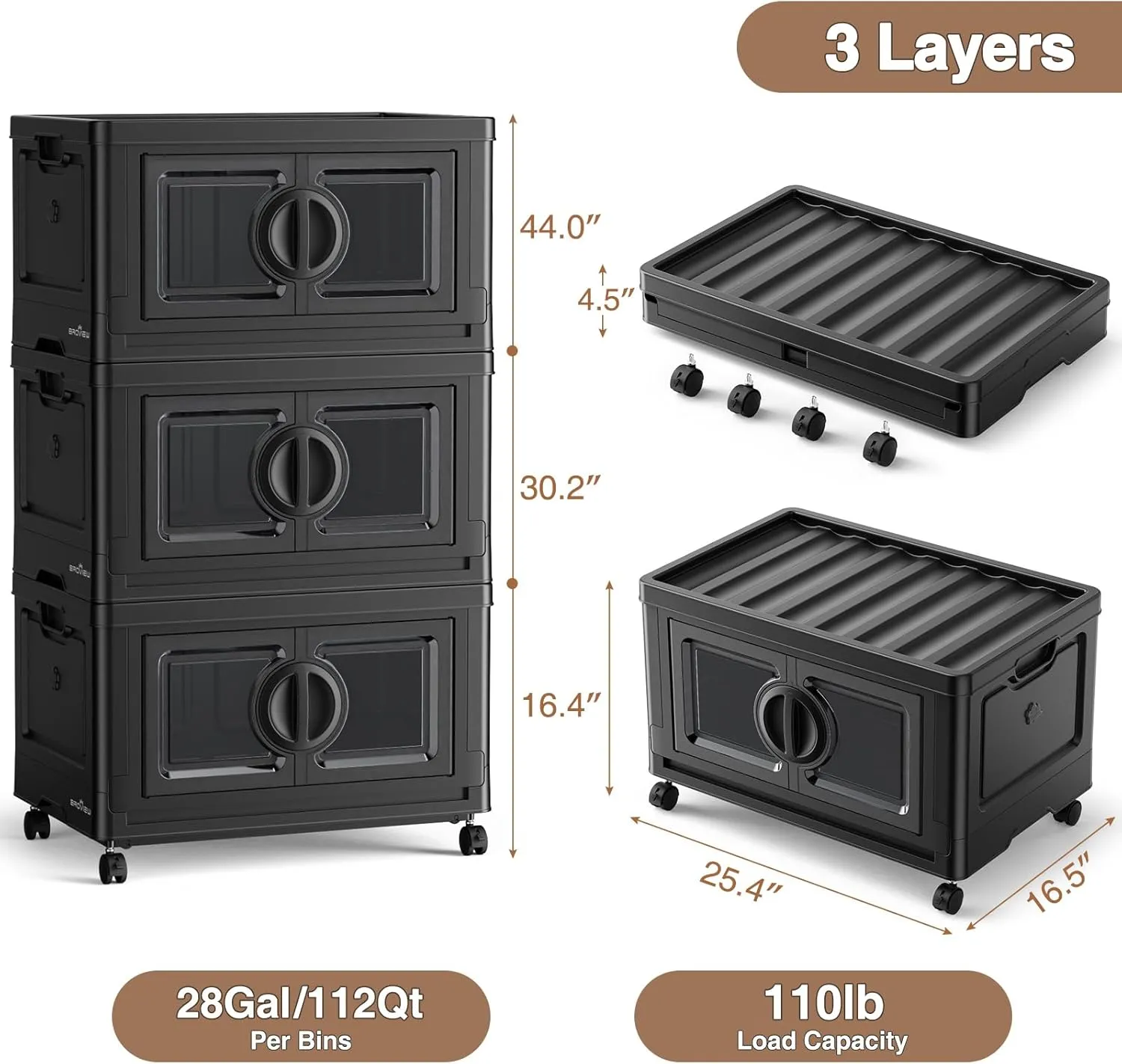 V9 84Gal Storage Bins with Lids, Stackable Collapsible Storage Bins with Wheels, Closet Organizers and Storage, Folding Plastic Cabinet with Doors for Home Office Garage, 3Pack Black