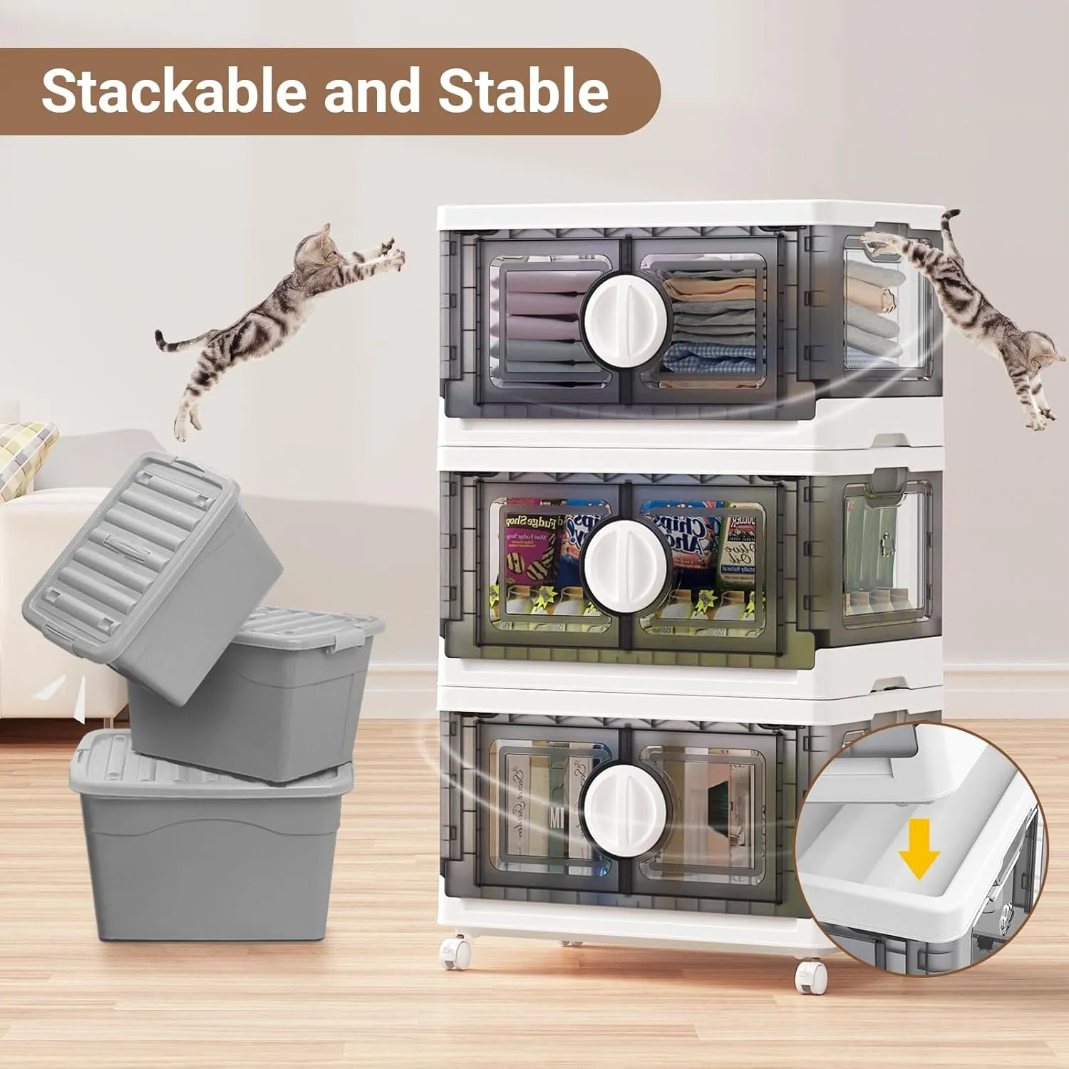 V9 84Gal Storage Bins with Lids, Stackable Collapsible Storage Bins with Wheels, Closet Organizers and Storages, Folding Plastic Cabinet with Doors for Home Office Garage, 3Pack White & Grey