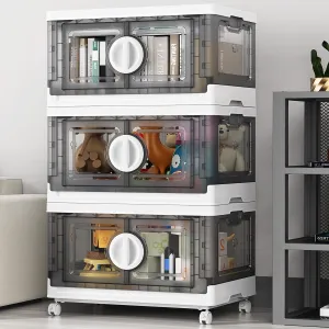 V9 84Gal Storage Bins with Lids, Stackable Collapsible Storage Bins with Wheels, Closet Organizers and Storages, Folding Plastic Cabinet with Doors for Home Office Garage, 3Pack White & Grey