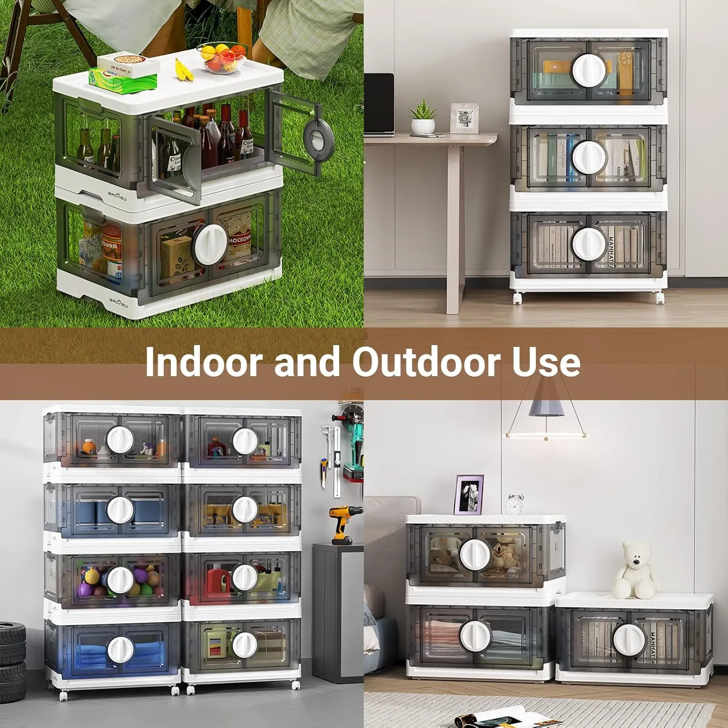 V9 84Gal Storage Bins with Lids, Stackable Collapsible Storage Bins with Wheels, Closet Organizers and Storages, Folding Plastic Cabinet with Doors for Home Office Garage, 3Pack White & Grey