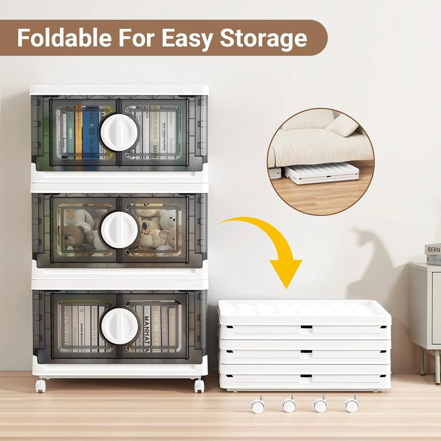 V9 84Gal Storage Bins with Lids, Stackable Collapsible Storage Bins with Wheels, Closet Organizers and Storages, Folding Plastic Cabinet with Doors for Home Office Garage, 3Pack White & Grey