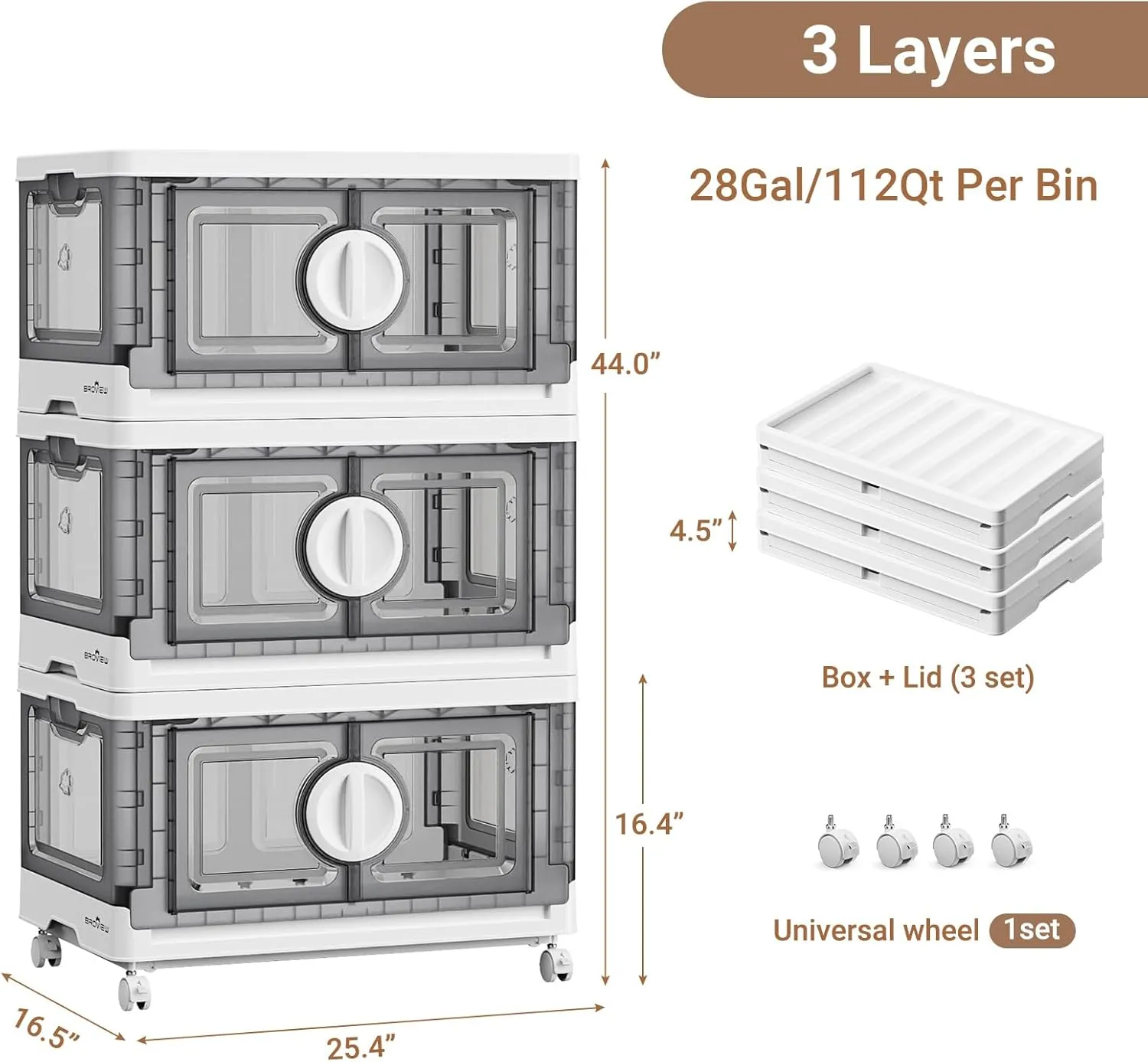 V9 84Gal Storage Bins with Lids, Stackable Collapsible Storage Bins with Wheels, Closet Organizers and Storages, Folding Plastic Cabinet with Doors for Home Office Garage, 3Pack White & Grey