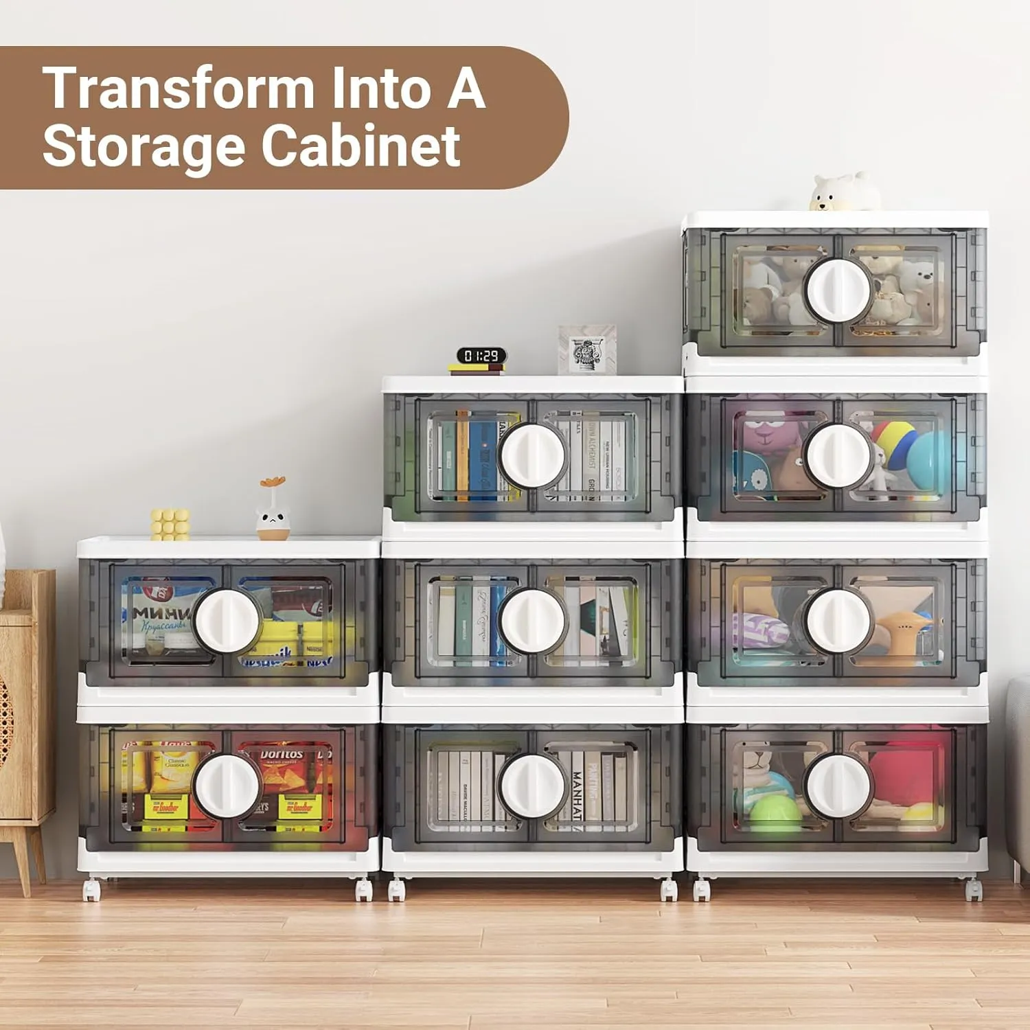 V9 84Gal Storage Bins with Lids, Stackable Collapsible Storage Bins with Wheels, Closet Organizers and Storages, Folding Plastic Cabinet with Doors for Home Office Garage, 3Pack White & Grey