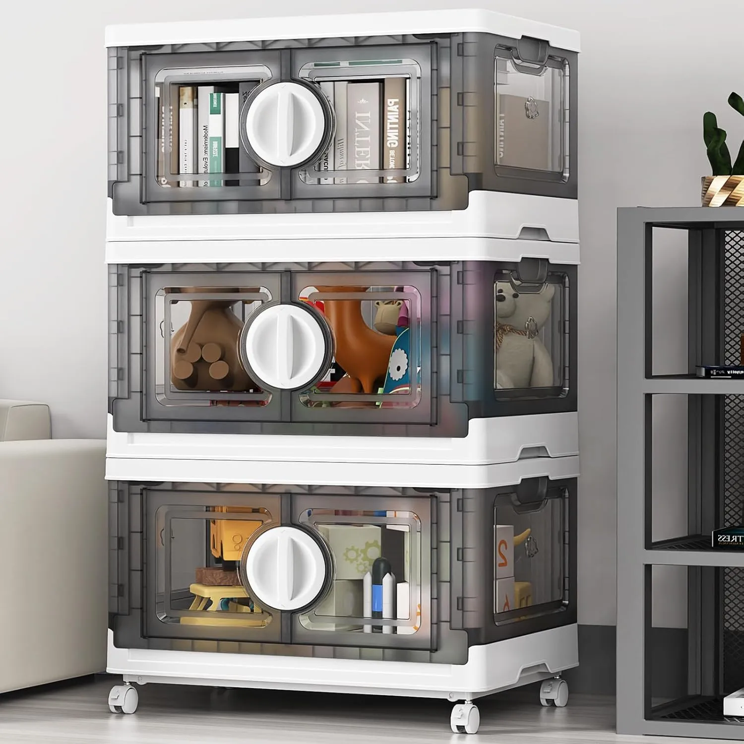 V9 84Gal Storage Bins with Lids, Stackable Collapsible Storage Bins with Wheels, Closet Organizers and Storages, Folding Plastic Cabinet with Doors for Home Office Garage, 3Pack White & Grey