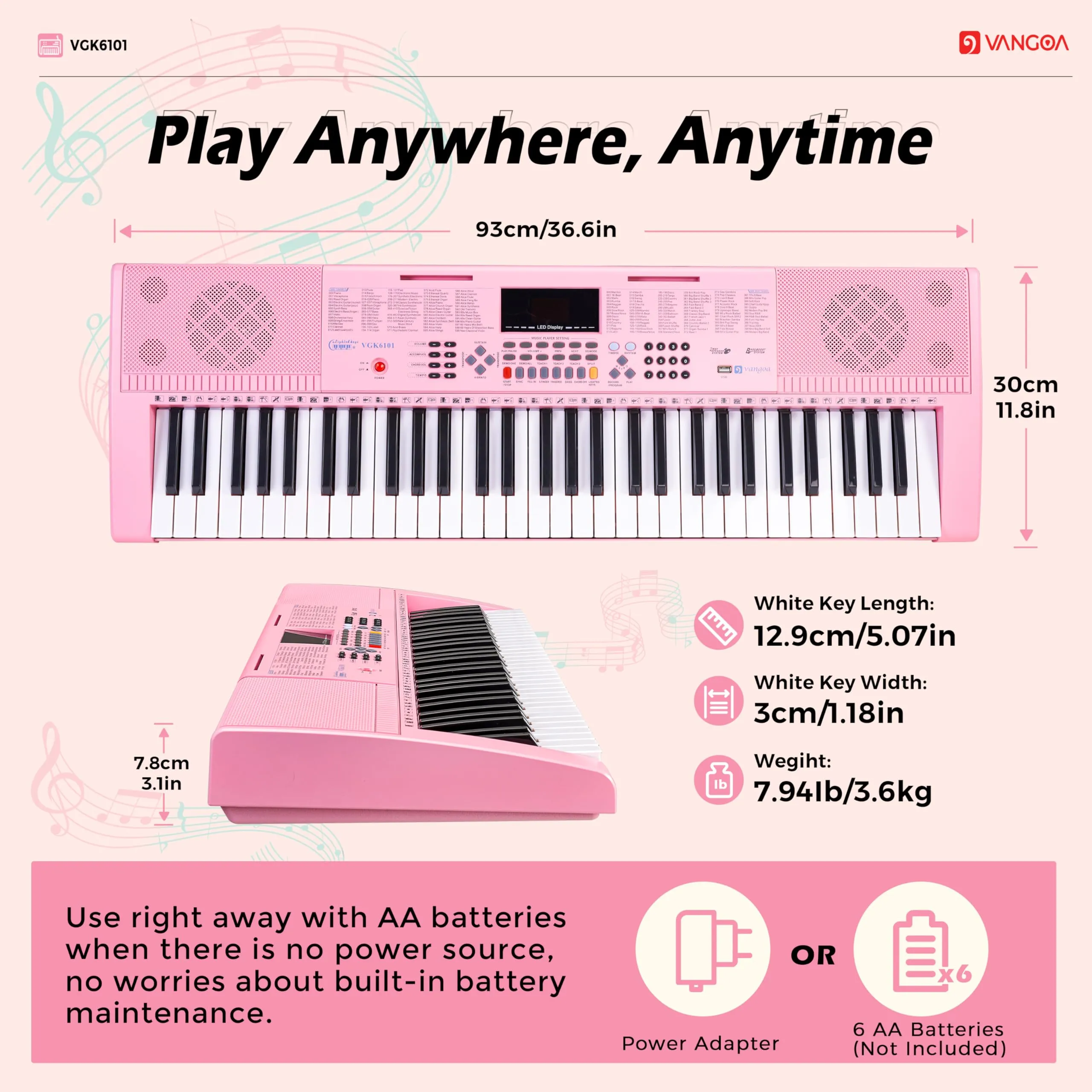 Vangoa Pink Piano Keyboard 61 Key, Electric Keyboard Kit Portable Music Keyboard for Kids Students with Microphone, 600 Tones, 400 Rhythms, 50 Demos, Gift for Beginners