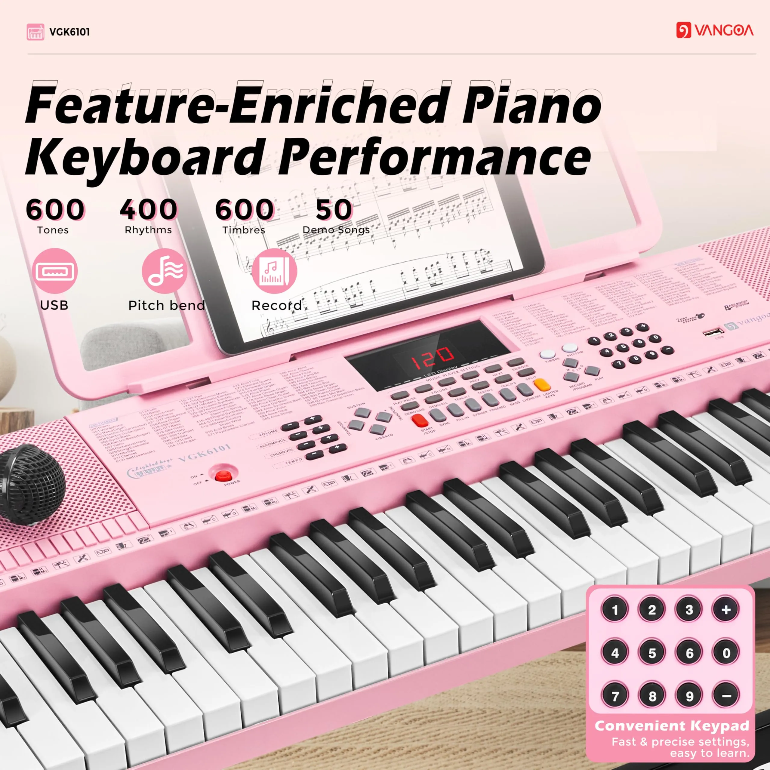 Vangoa Pink Piano Keyboard 61 Key, Electric Keyboard Kit Portable Music Keyboard for Kids Students with Microphone, 600 Tones, 400 Rhythms, 50 Demos, Gift for Beginners