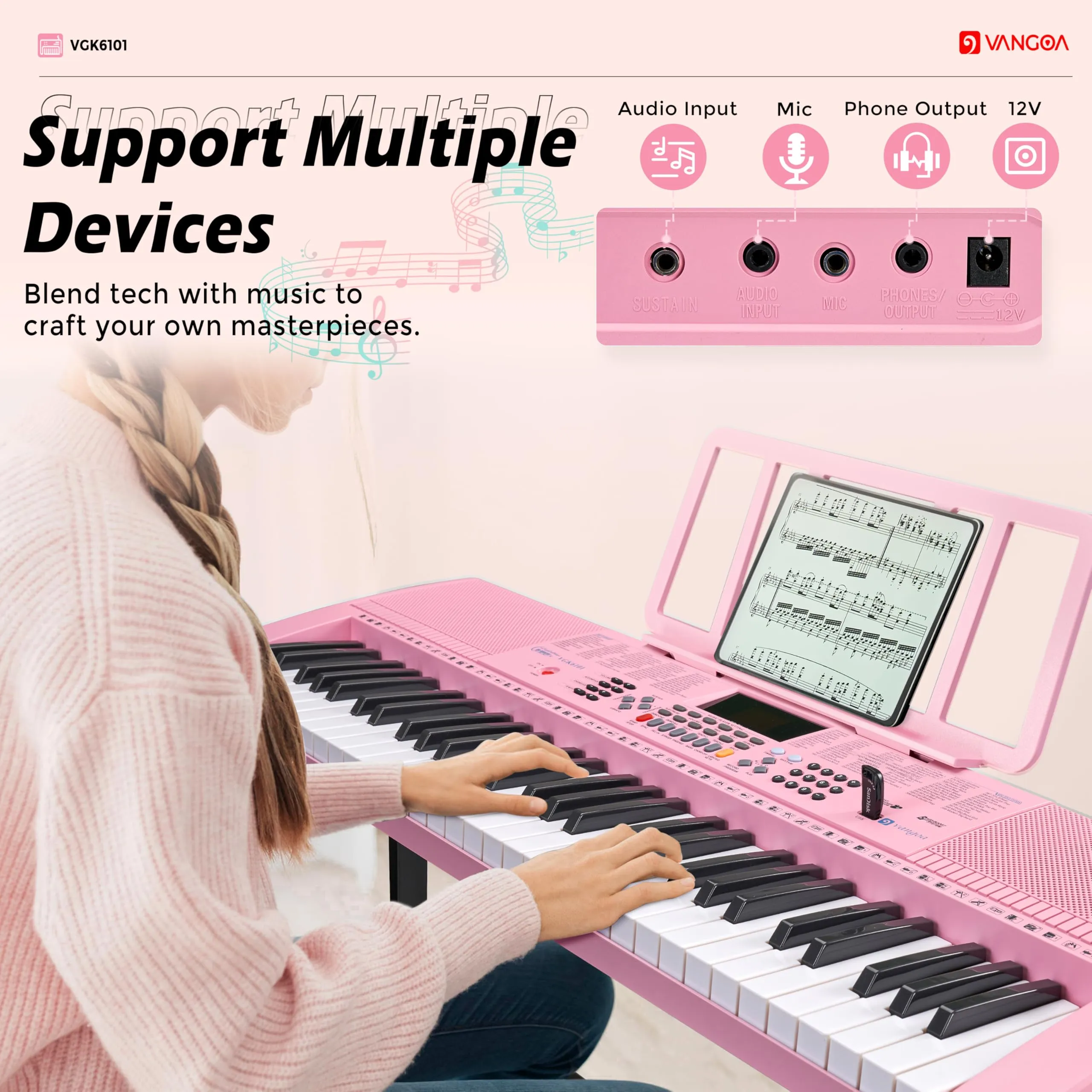Vangoa Pink Piano Keyboard 61 Key, Electric Keyboard Kit Portable Music Keyboard for Kids Students with Microphone, 600 Tones, 400 Rhythms, 50 Demos, Gift for Beginners