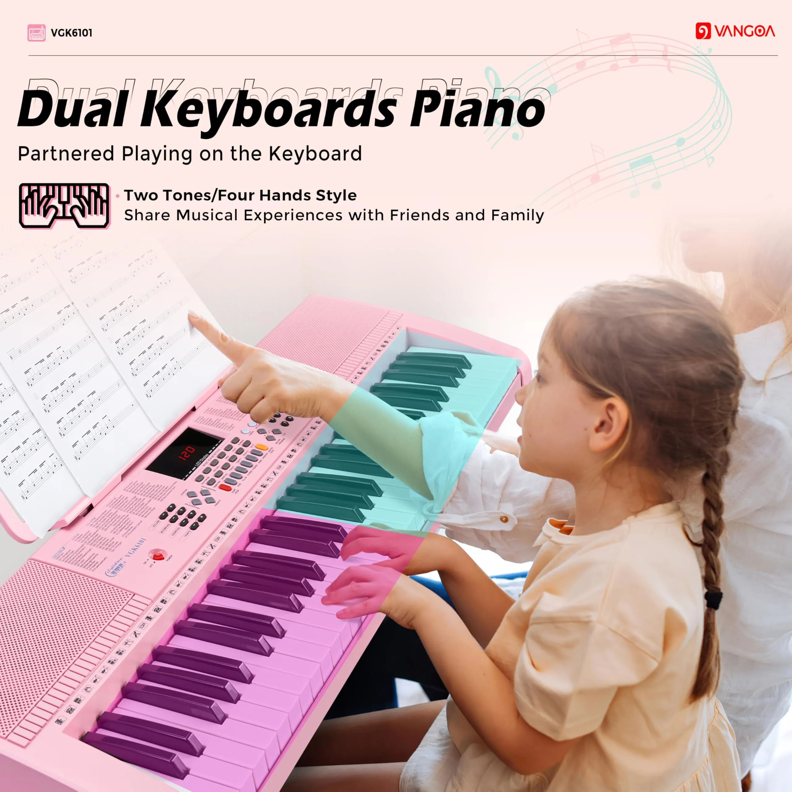 Vangoa Pink Piano Keyboard 61 Key, Electric Keyboard Kit Portable Music Keyboard for Kids Students with Microphone, 600 Tones, 400 Rhythms, 50 Demos, Gift for Beginners