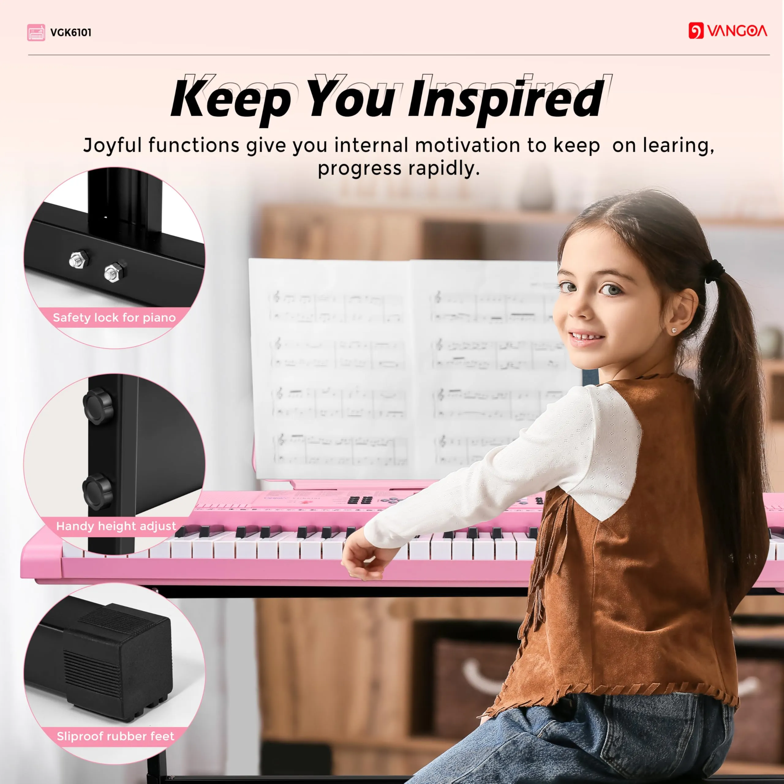 Vangoa Pink Piano Keyboard 61 Key, Electric Keyboard Kit Portable Music Keyboard for Kids Students with Microphone, 600 Tones, 400 Rhythms, 50 Demos, Gift for Beginners