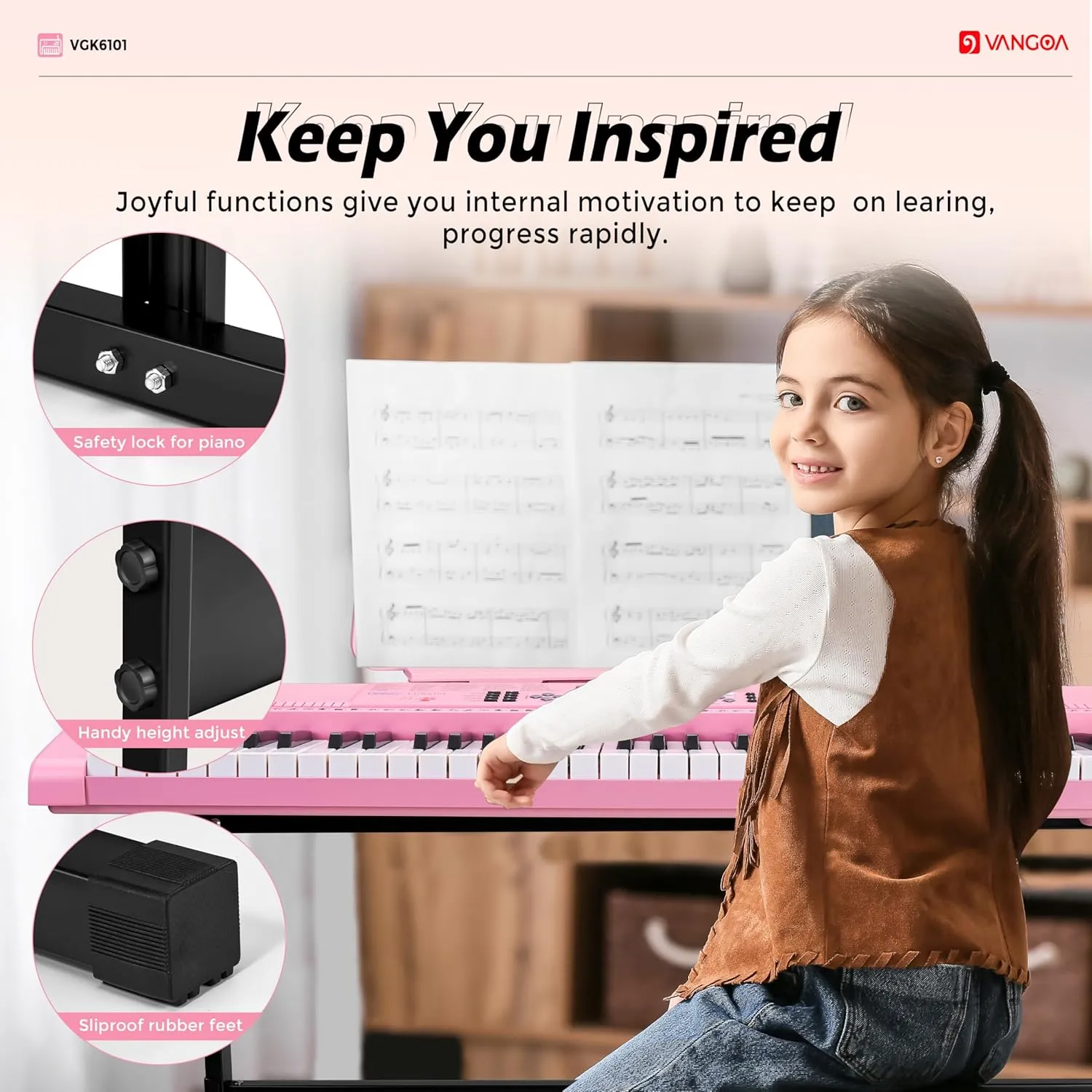 Vangoa VGK6101 Pink Piano Keyboard 61 Key, Electric Keyboard Kit Portable Music Keyboard for Kids Students with Microphone, 600 Tones, 400 Rhythms, 50 Demos, Gift for Beginners