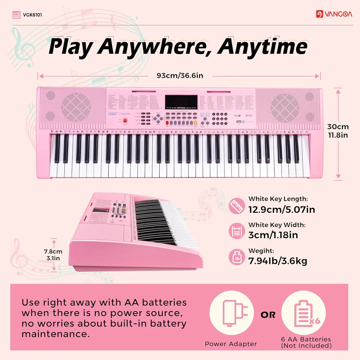Vangoa VGK6101 Pink Piano Keyboard 61 Key, Electric Keyboard Kit Portable Music Keyboard for Kids Students with Microphone, 600 Tones, 400 Rhythms, 50 Demos, Gift for Beginners