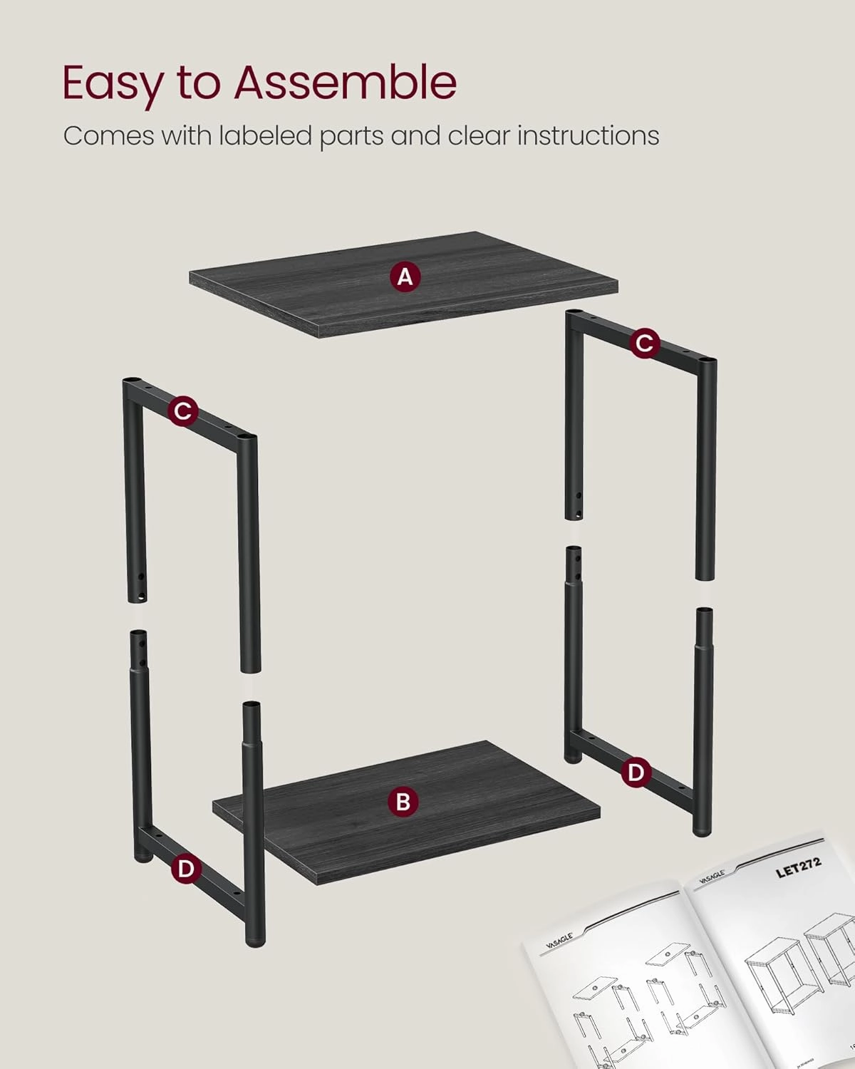 VASAGLE Side Tables Set of 2, Small End Table, Nightstand for Living Room, Bedroom, Office, Bathroom, Misty Gray and Classic Black ULET272B68