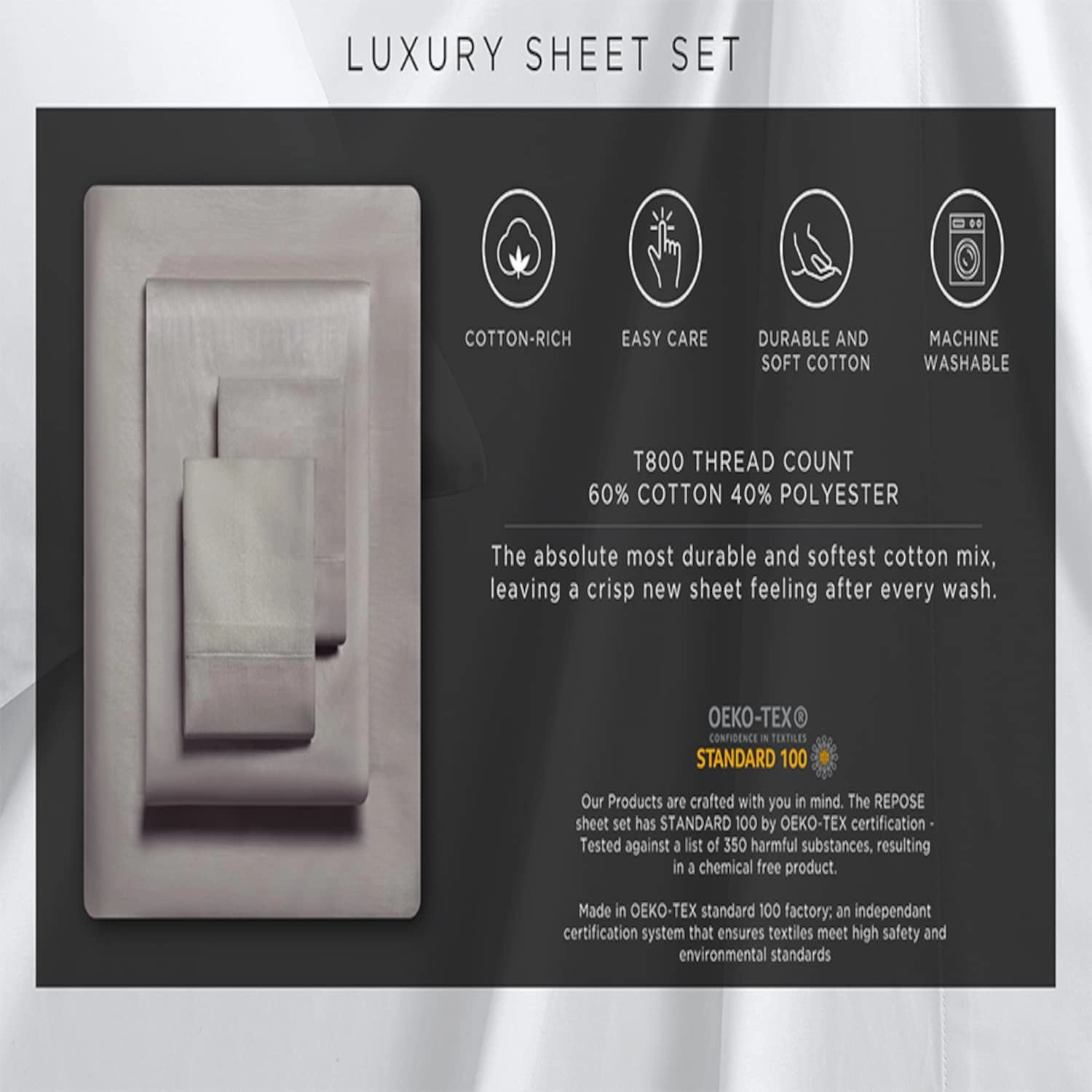 Vera Wang - Pillow Case Set, Luxury Sateen Cotton Bedding, 800 Thread Count, Soft & Smooth Bedding Set (Steel Grey, Standard Pillowcases)