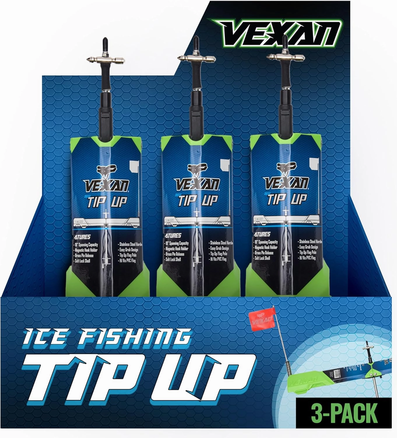 Vexan Ice Fishing Tip Up - High Visibility Green Tip Ups Ice Fishing w/Reflective Strike Indicator Flag - 18" Max Span, Easy-Deploy Ice Fishing Tip Up Hardware - Essential Ice Fishing Gear