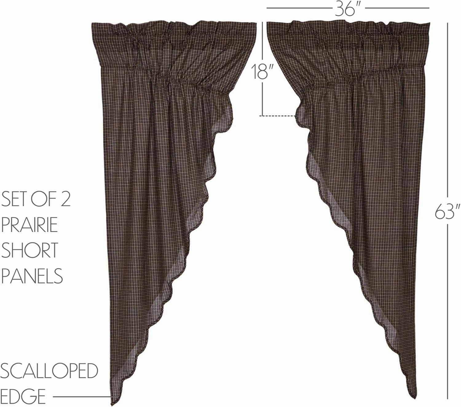 VHC Brands Kettle Grove Curtains, Plaid Prairie Short Panel Scalloped Set of 2 63x36x18