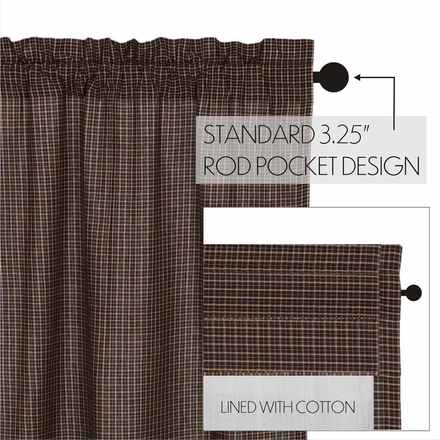 VHC Brands Kettle Grove Curtains, Plaid Prairie Short Panel Scalloped Set of 2 63x36x18