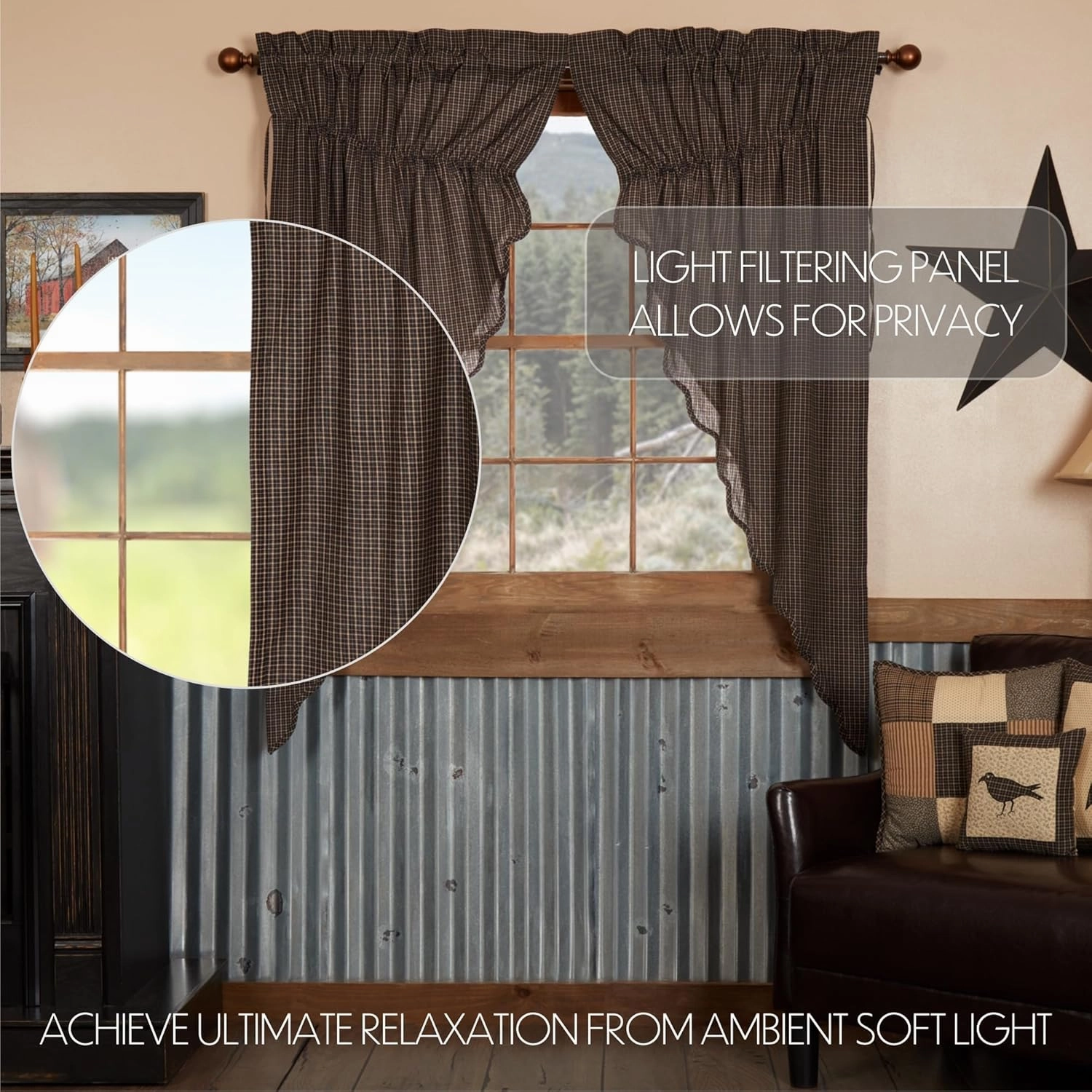 VHC Brands Kettle Grove Curtains, Plaid Prairie Short Panel Scalloped Set of 2 63x36x18