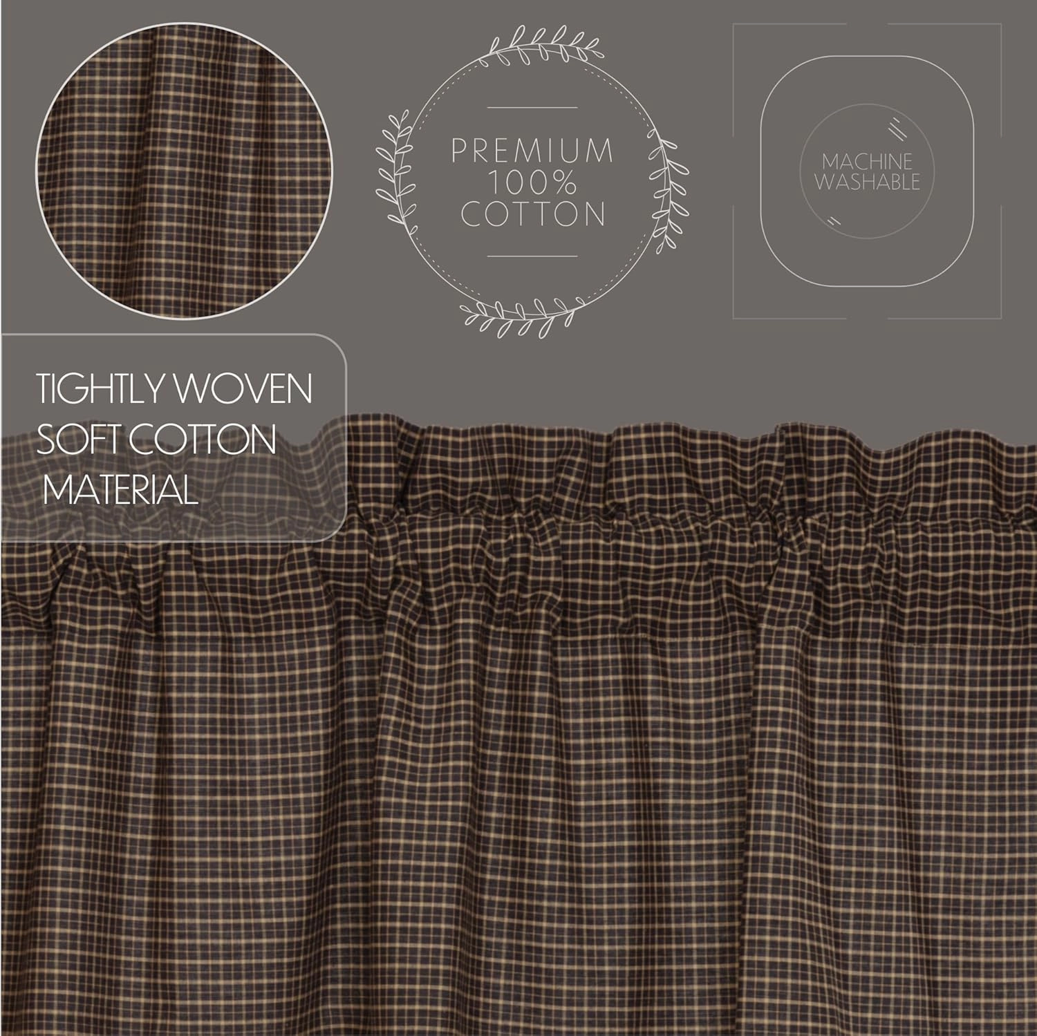 VHC Brands Kettle Grove Curtains, Plaid Prairie Short Panel Scalloped Set of 2 63x36x18