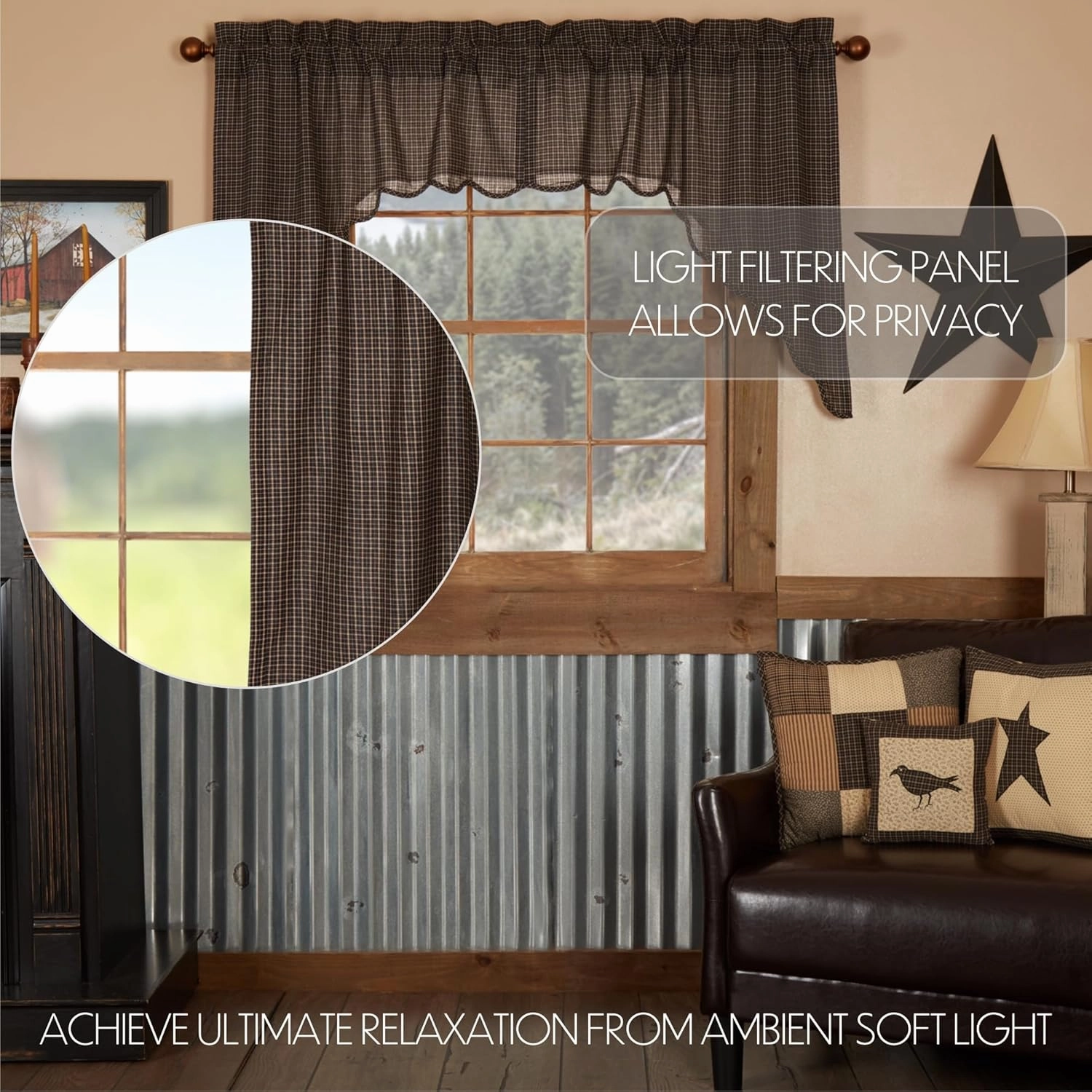 VHC Brands Kettle Grove Window Curtains, Plaid Swag Scalloped Set of 2 36x36x16