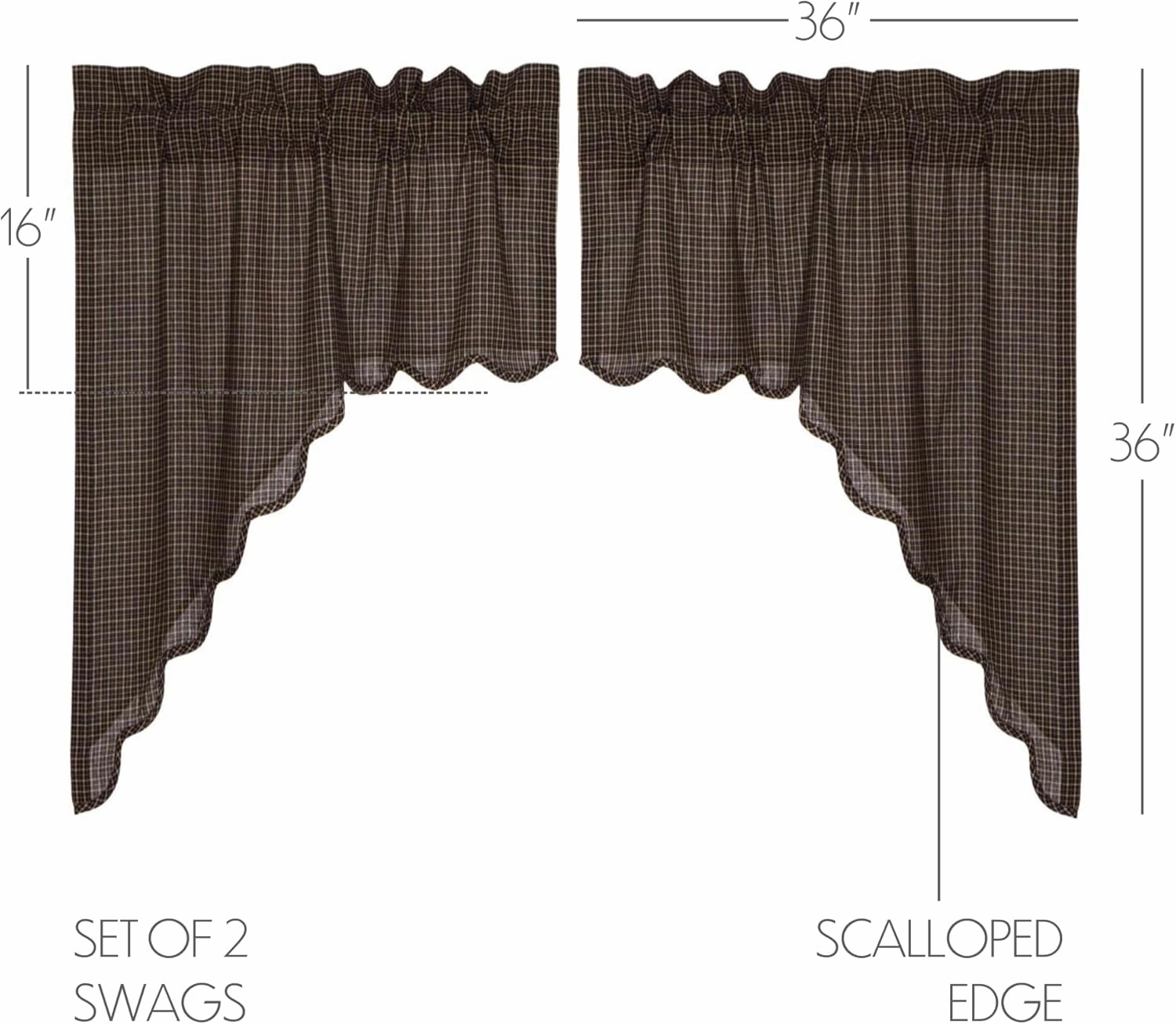 VHC Brands Kettle Grove Window Curtains, Plaid Swag Scalloped Set of 2 36x36x16