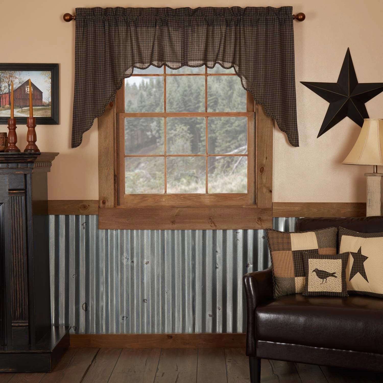 VHC Brands Kettle Grove Window Curtains, Plaid Swag Scalloped Set of 2 36x36x16