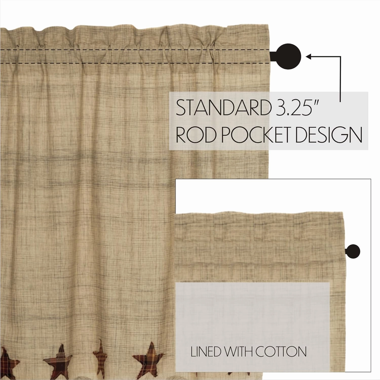 VHC Brands Primitive Classic Country Kitchen Window Curtains - Abilene Star Tan Swag Pair