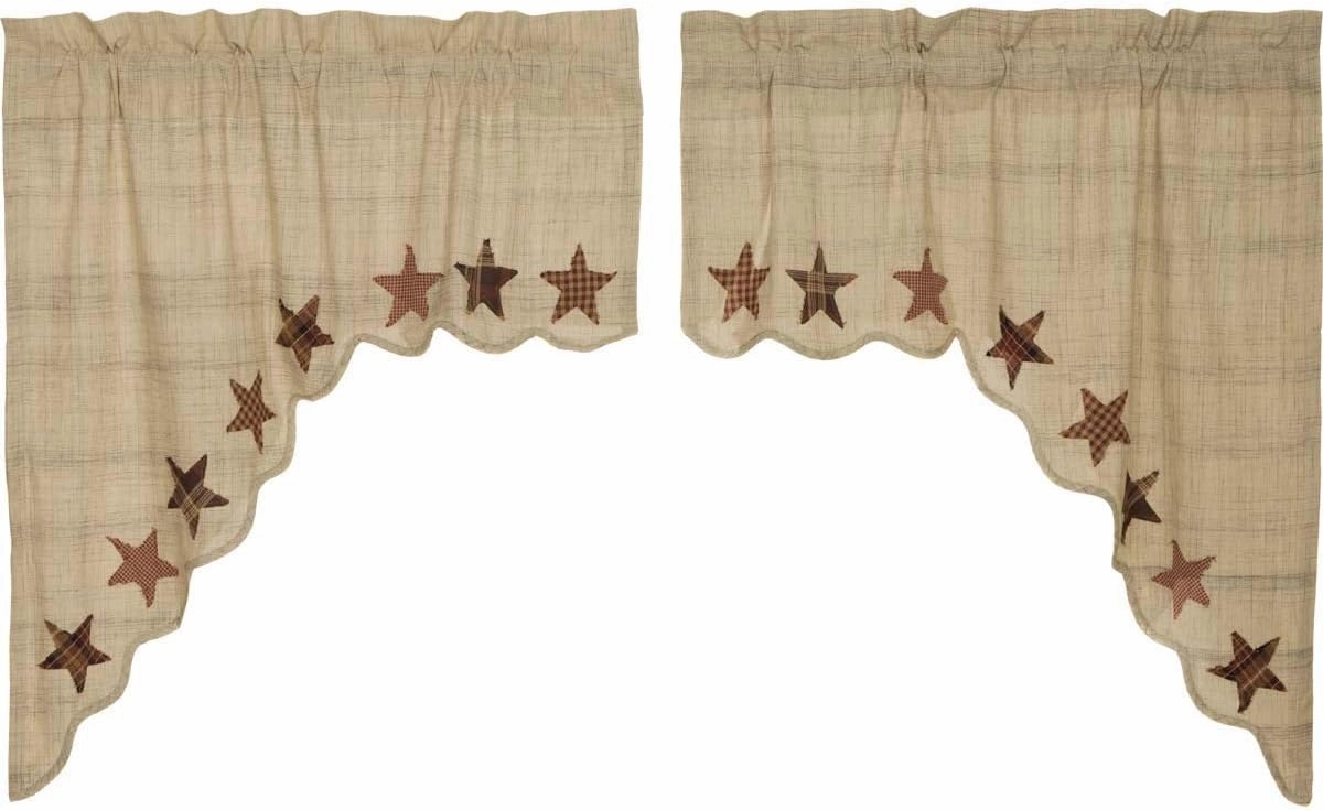 VHC Brands Primitive Classic Country Kitchen Window Curtains - Abilene Star Tan Swag Pair