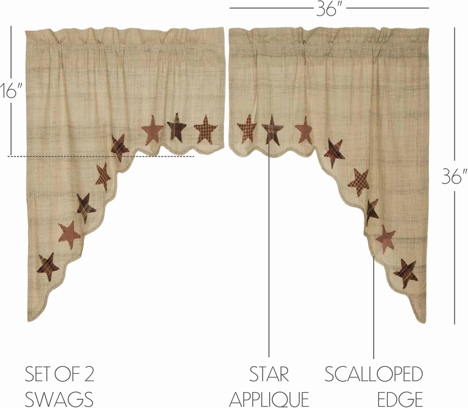 VHC Brands Primitive Classic Country Kitchen Window Curtains - Abilene Star Tan Swag Pair