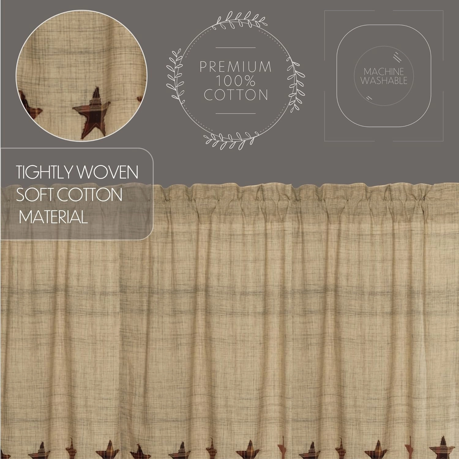 VHC Brands Primitive Classic Country Kitchen Window Curtains - Abilene Star Tan Swag Pair