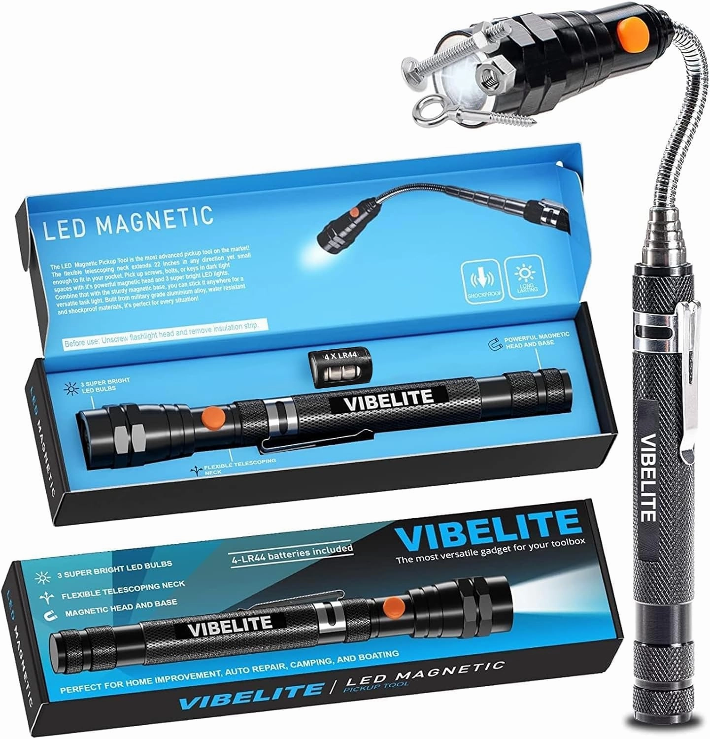 VIBELITE Extendable Magnetic Flashlight with Telescoping Magnet Pickup Tool-Cool Gadget Fathers Day Dad Gifts for Dad, Husband, Men, Him, Father, Mechanic,Tech, Handyman, Boyfriend, Women, Black