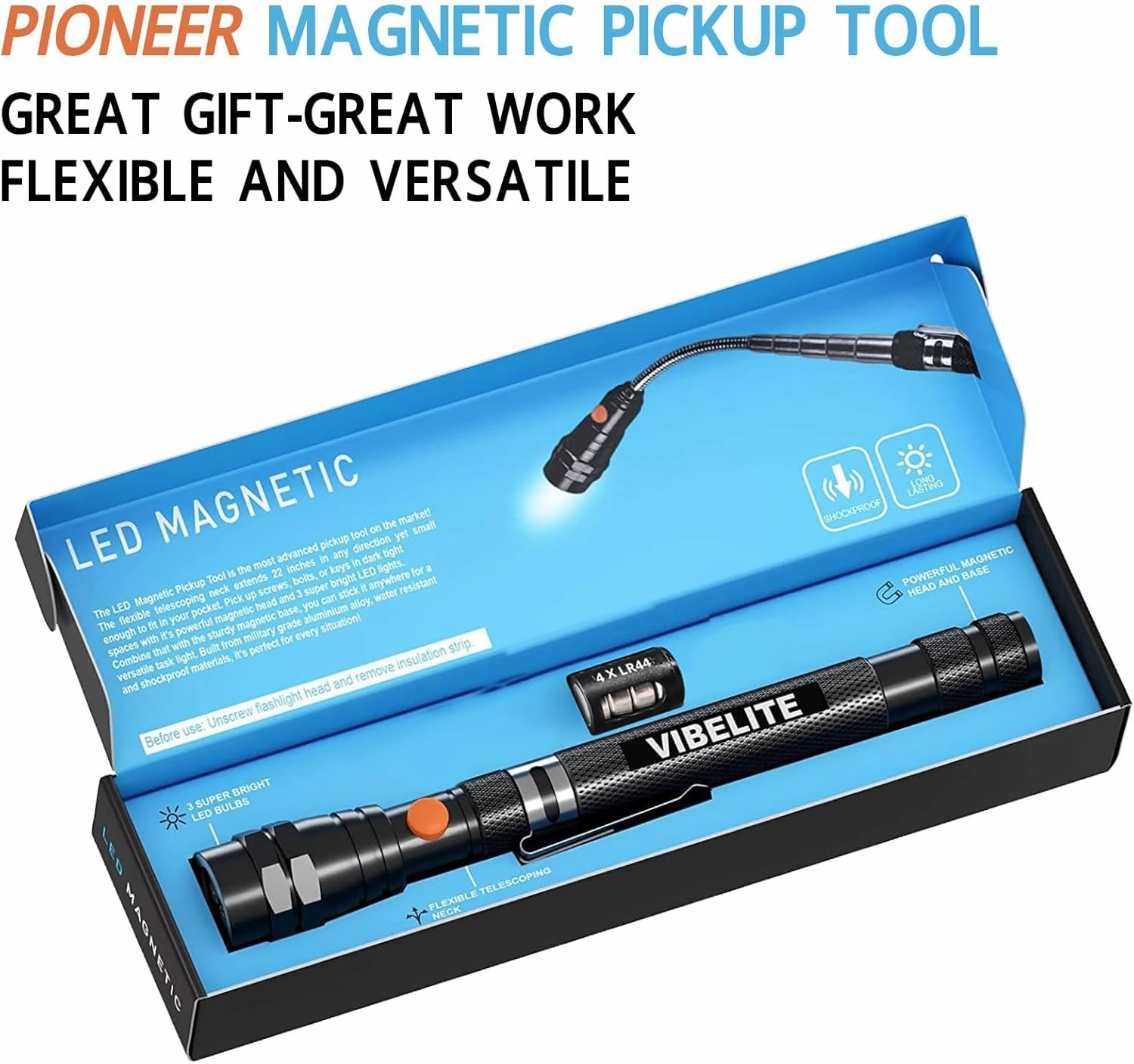 VIBELITE Extendable Magnetic Flashlight with Telescoping Magnet Pickup Tool-Cool Gadget Fathers Day Dad Gifts for Dad, Husband, Men, Him, Father, Mechanic,Tech, Handyman, Boyfriend, Women, Black