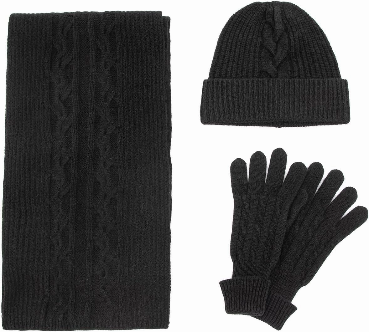 Villand Women's 3 Piece 100% Pure Cashmere Scarf Hat & Gloves Set, Cable Knitted Winter Set with Gift Box