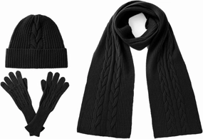 Villand Women's 3 Piece 100% Pure Cashmere Scarf Hat & Gloves Set, Cable Knitted Winter Set with Gift Box